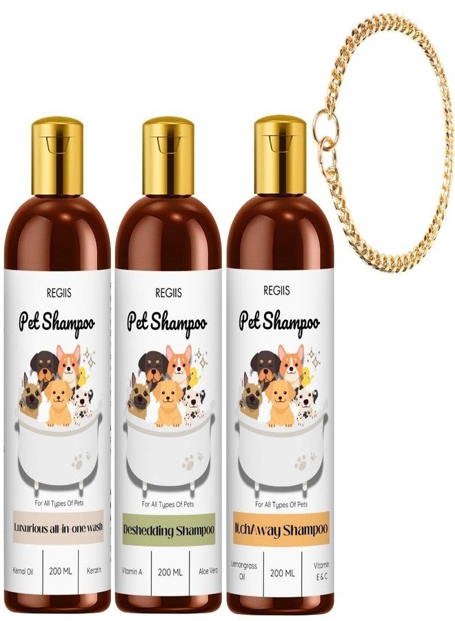 شامبو للحيوانات الأليفة متعدد الاستخدامات، يزيل الشعر الزائد ويخفف الحكة، مع سلسلة طوق ذهبية (عبوة من 4 قطع) - Image 1